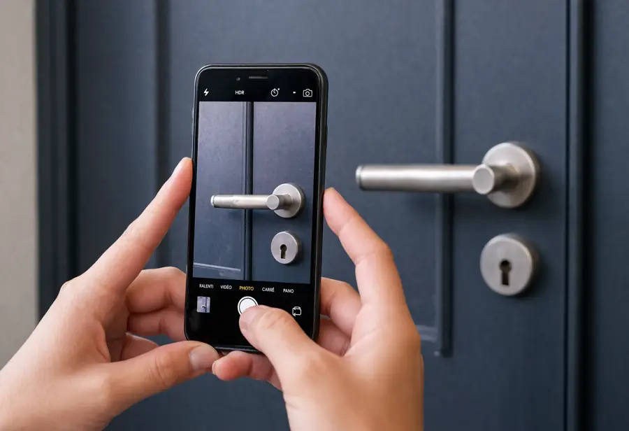 Une personne photographie avec son smartphone la serrure et la poignée d’une porte d’entrée grise pour l’envoyer par WhatsApp à Acessa